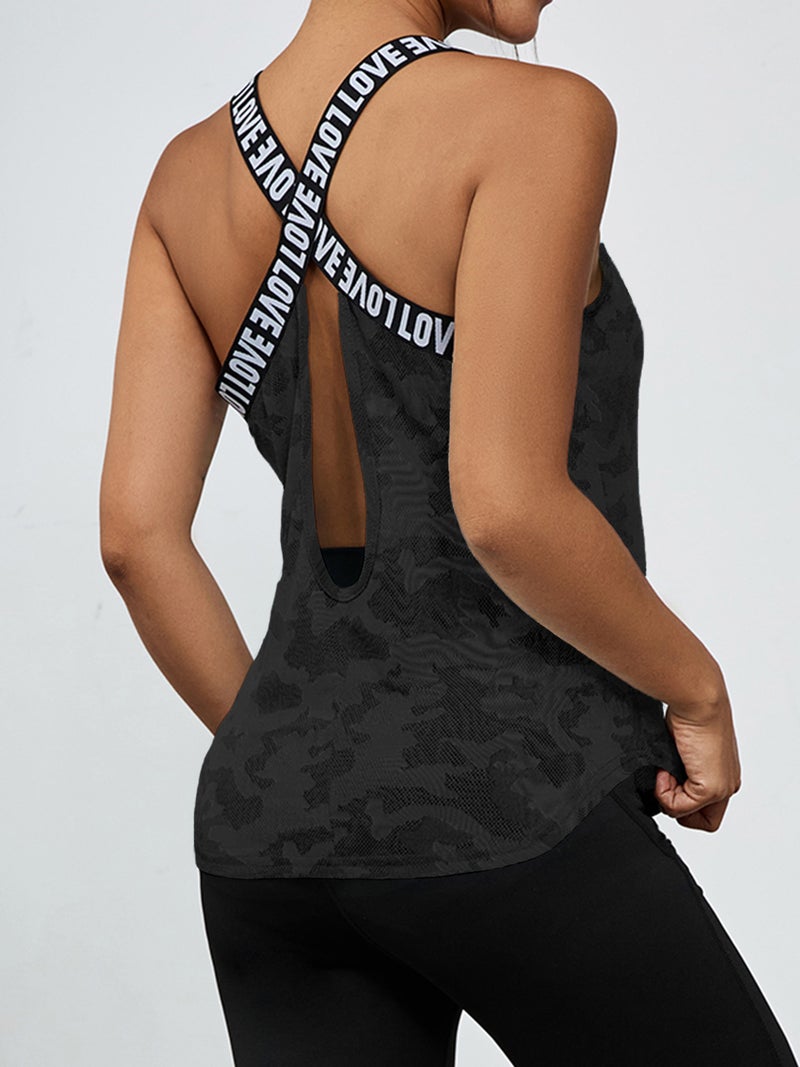 D1062# Hollowed-Out Printed Vest T-Shirt Blouse Seamless Outdoor Comfortable Breathable Wide Shoulder Strap Jacket - Image 1